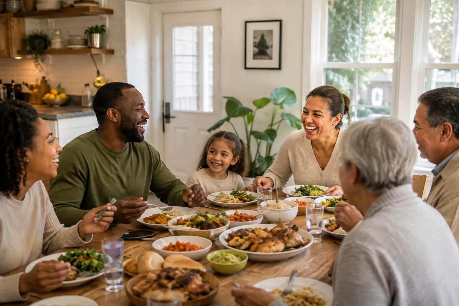 A family sharing a healthy home-cooked meal together at a sunlit kitchen table
